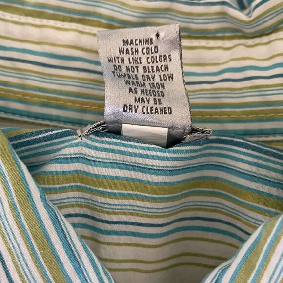 Chicos Women Cotton Top XL Green Blue Striped Button Up‎ Basics Workwear Preppy - Picture 7 of 8